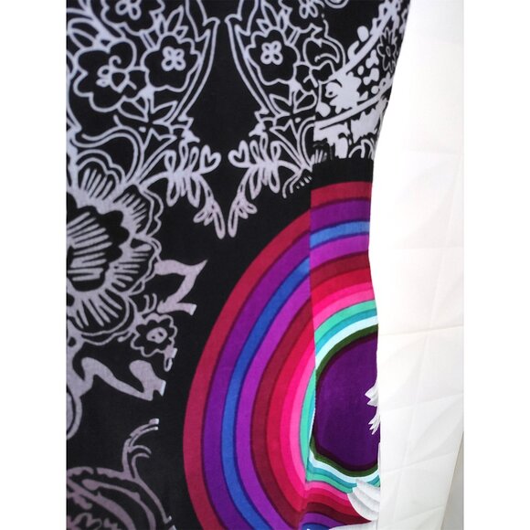 Rainbow Daisy Flower Black Dress Lined Boho Midi Short Sleeve M - Picture 11 of 13